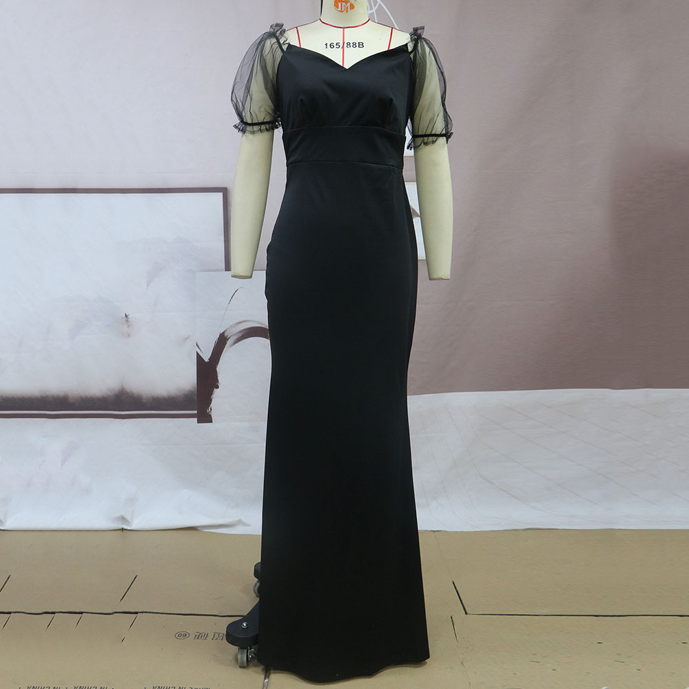 Short Sleeve Patchwork Floor-Length Puff Sleeve Women's Dress