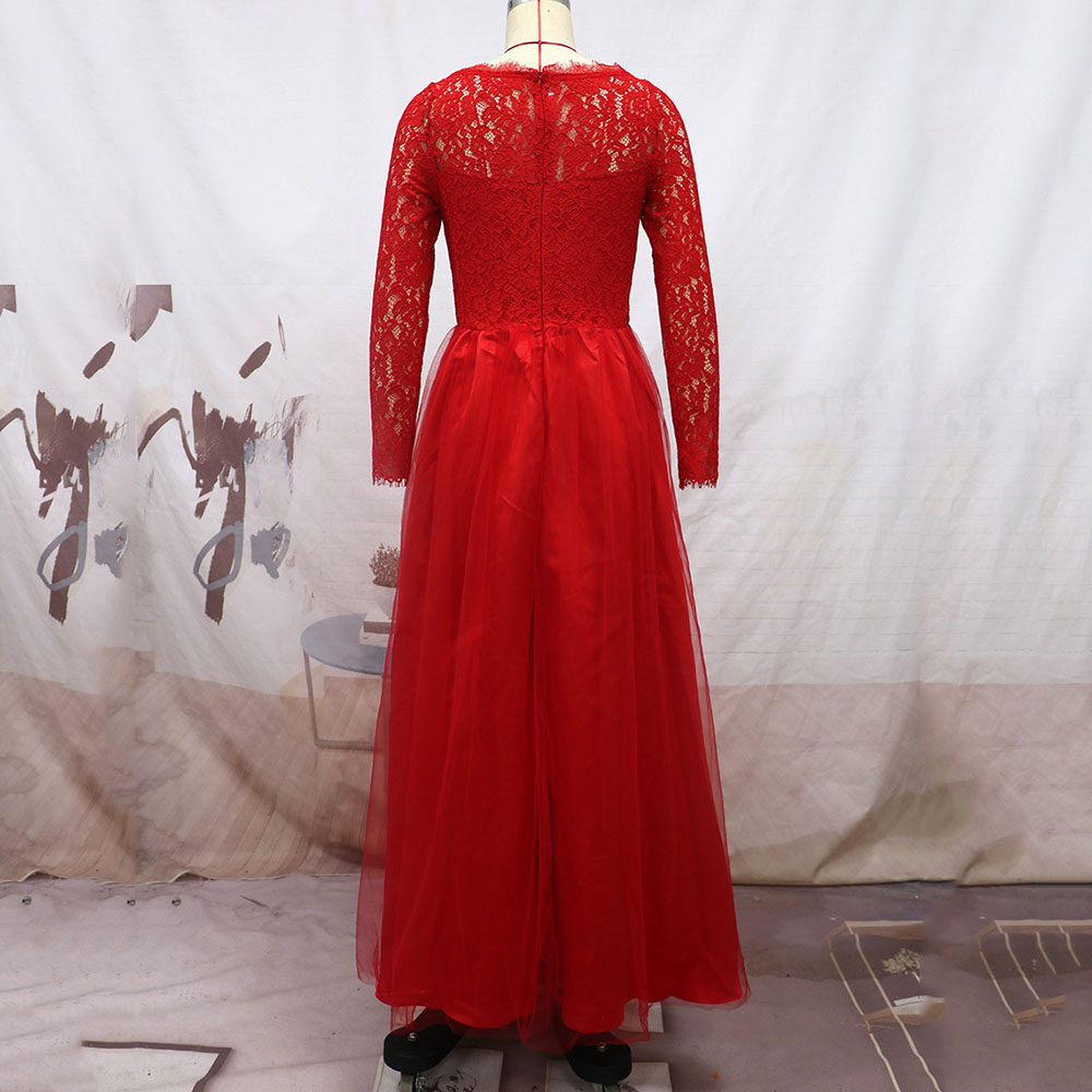 Floor-Length Lace Long Sleeve V-Neck Regular Women's Dress