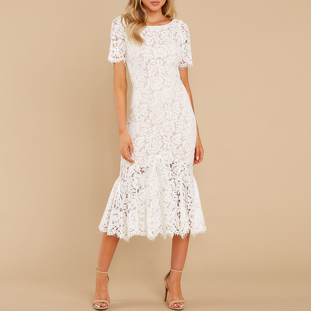 Round Neck Mid-Calf Lace Short Sleeve Pullover Women's Dress