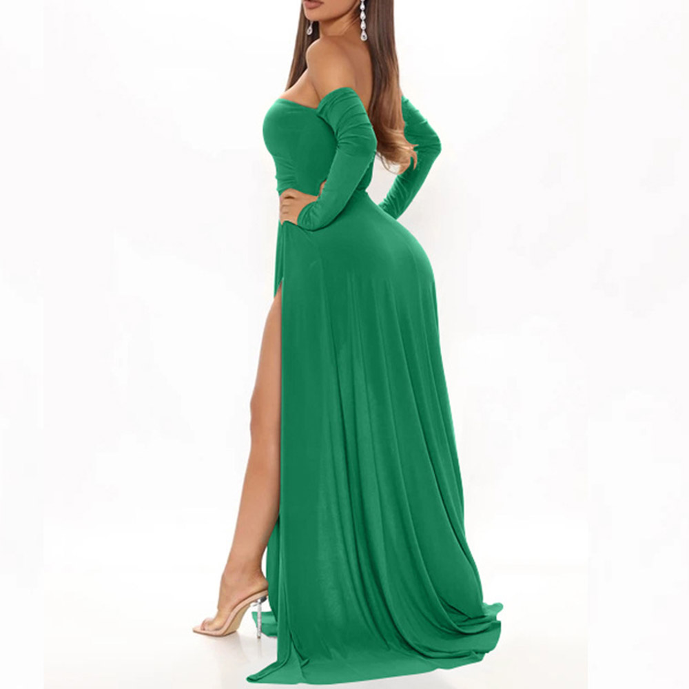Long Sleeve Off Shoulder Floor-Length Split High Waist Women's Dress