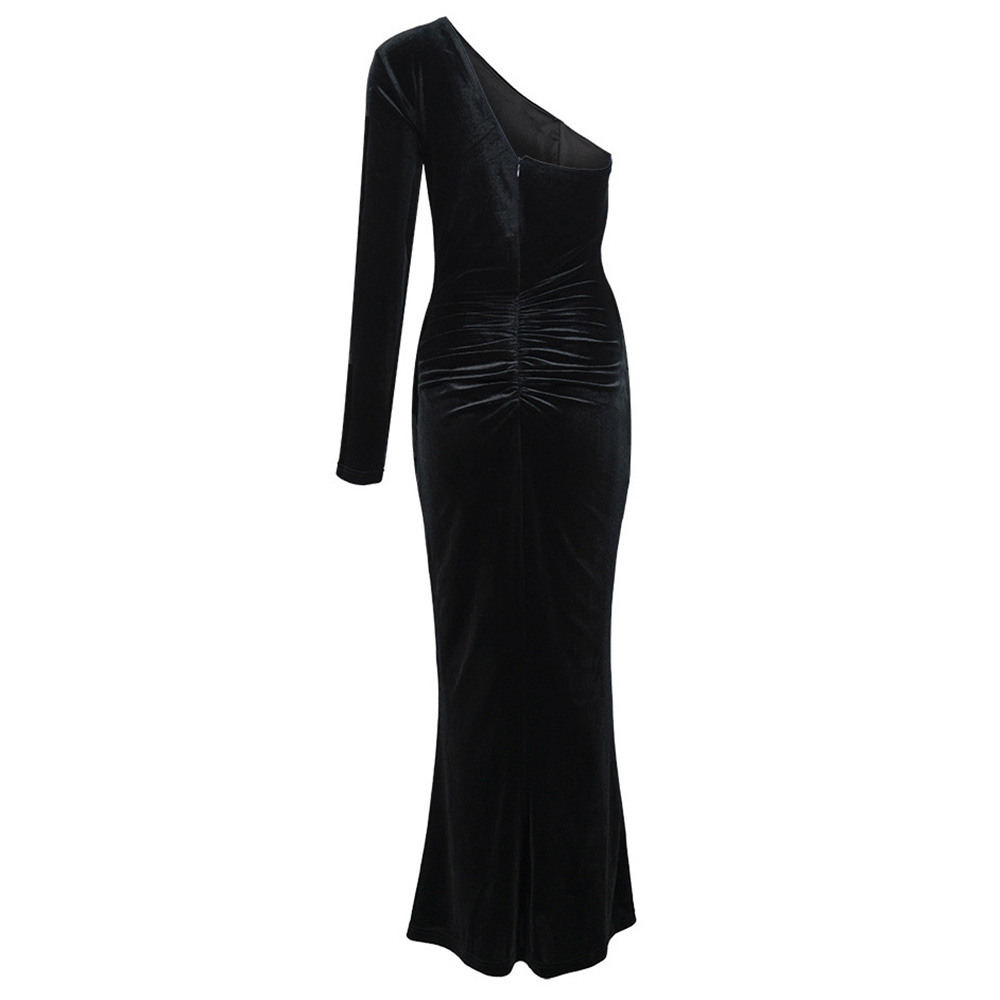 Long Sleeve Floor-Length Oblique Collar Split High Waist Women's Dress