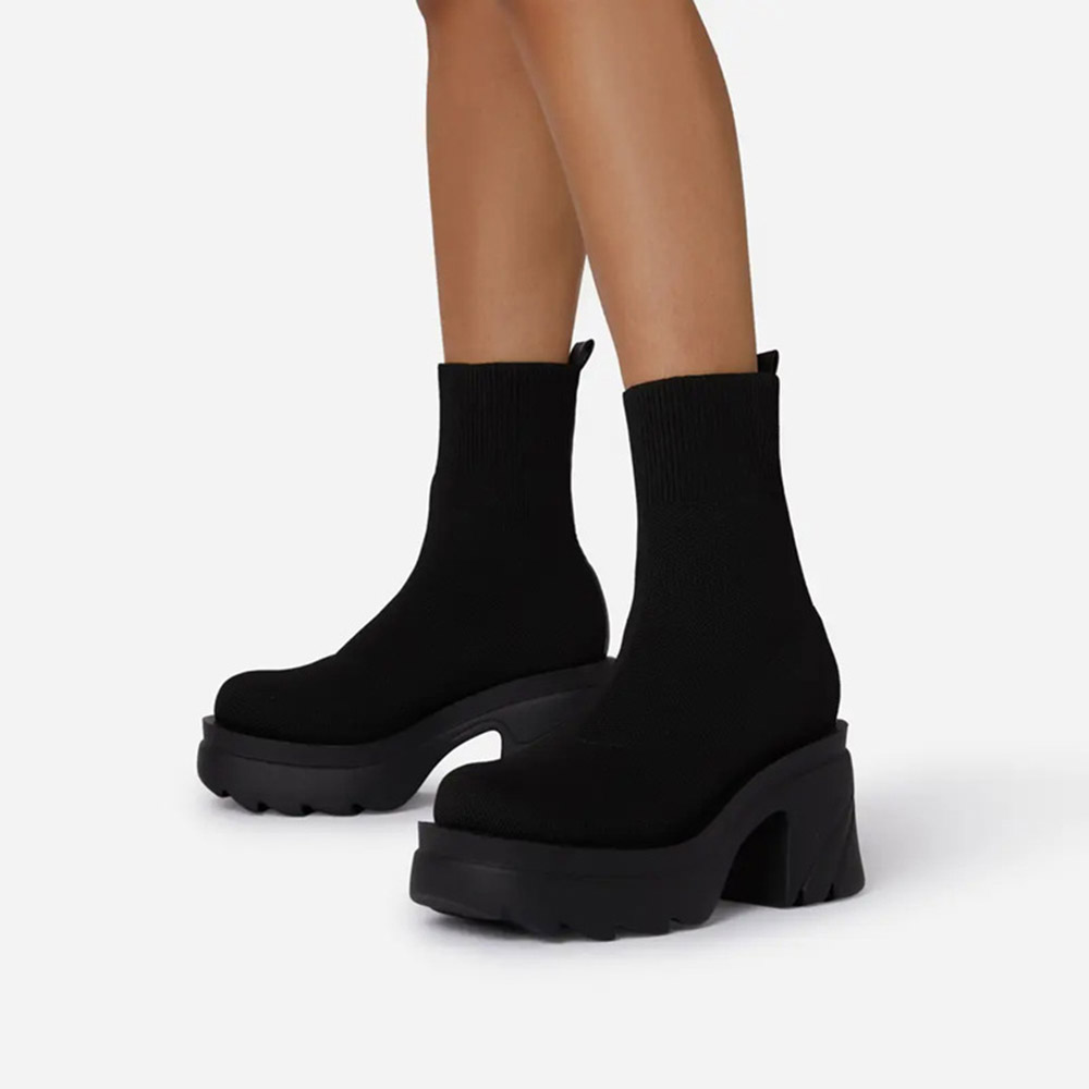 Slip-On Round Toe Plain Chunky Heel Cotton Boots