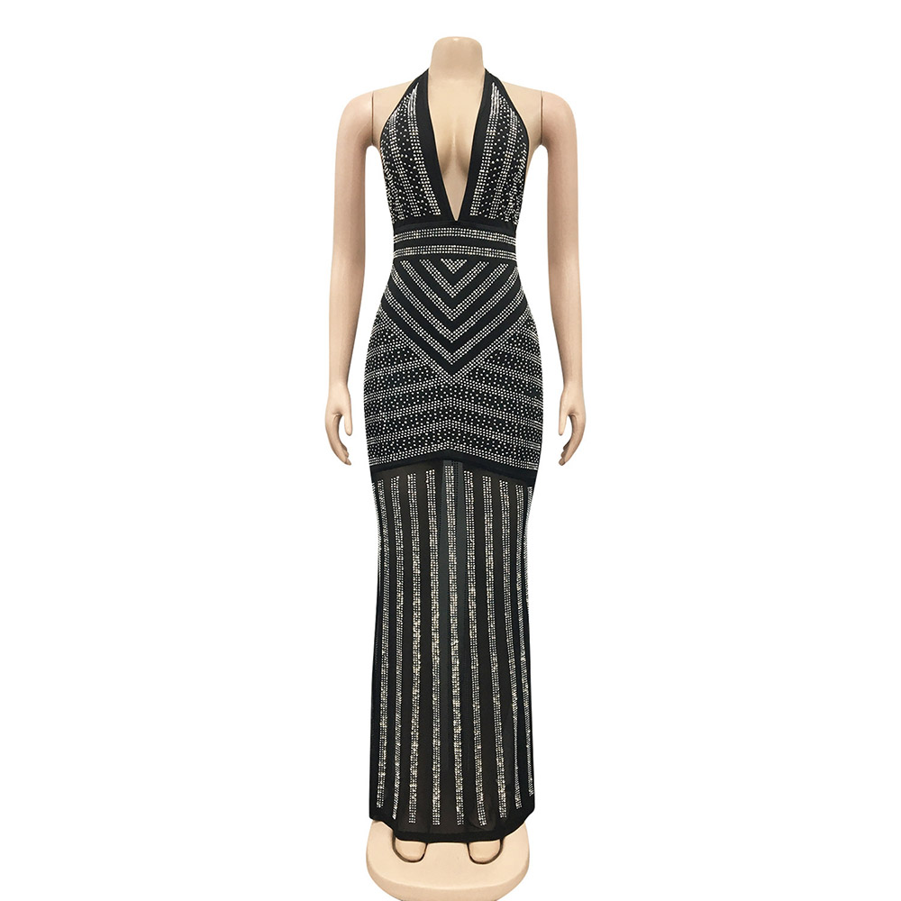 Rhinestone Sleeveless Floor-Length V-Neck Mid Waist Women's Dress