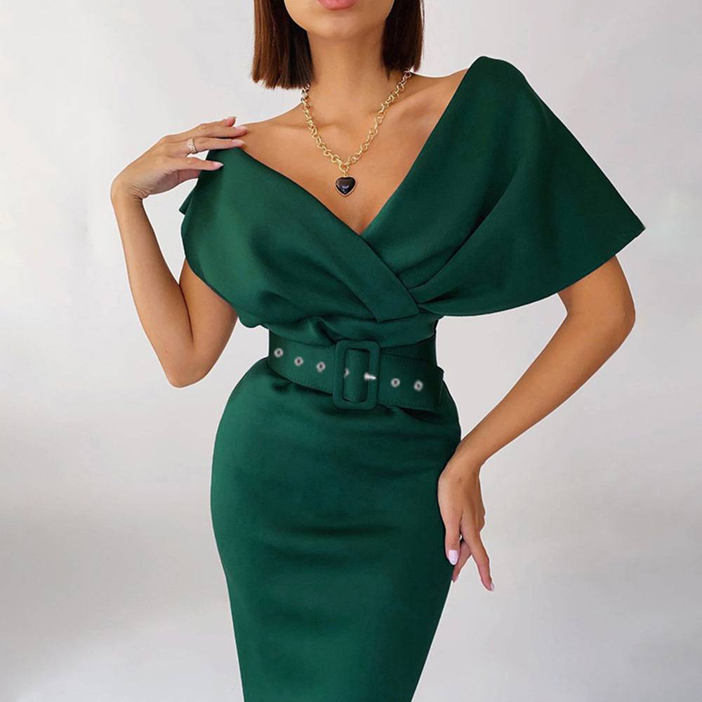 Off Shoulder Mid-Calf Half Sleeve Plain Women's Dress