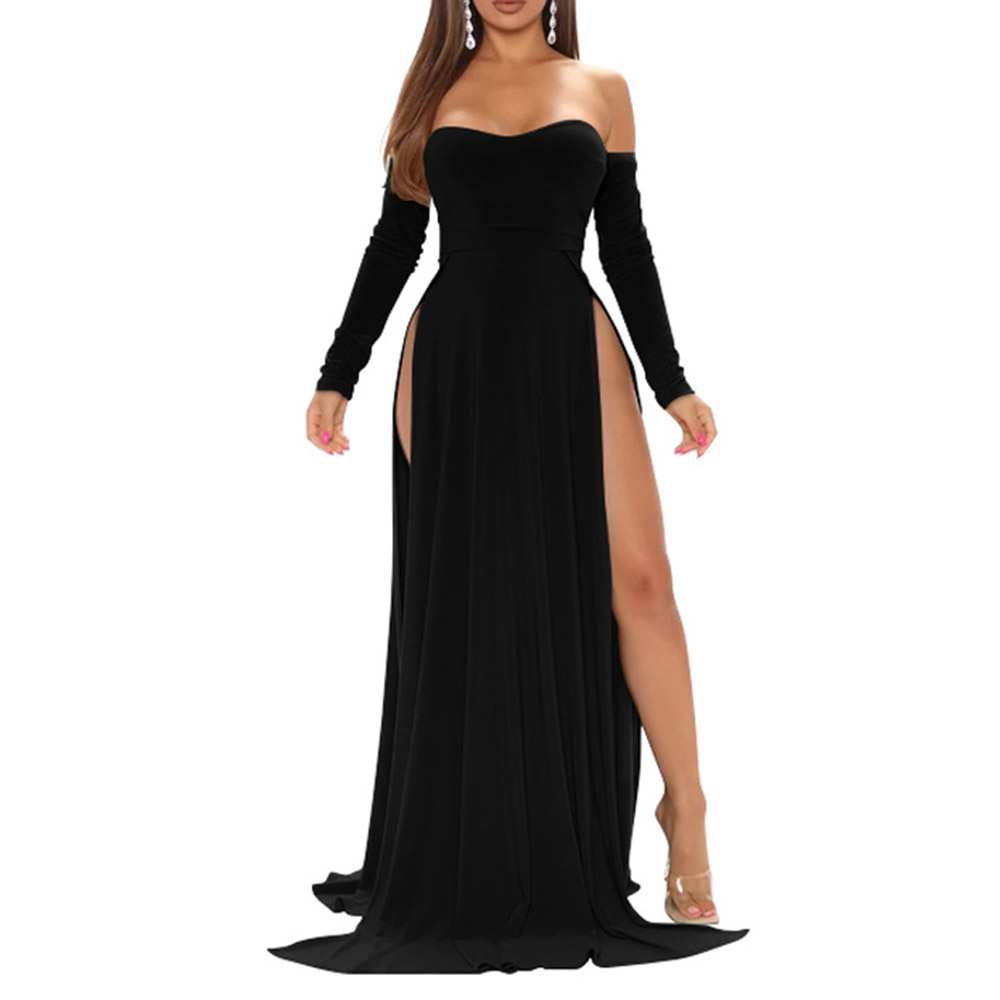Long Sleeve Off Shoulder Floor-Length Split High Waist Women's Dress