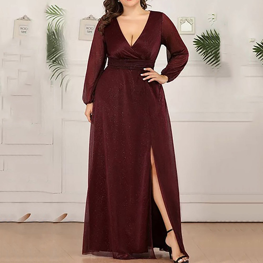 Long Sleeve Floor-Length Split V-Neck High Waist Women's Dress