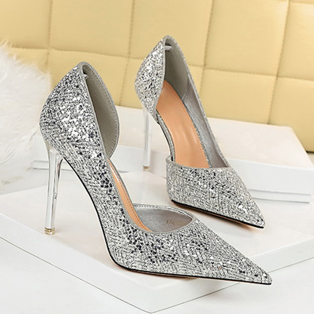 Sequin Pointed Toe Slip-On Stiletto Heel Banquet Thin Shoes