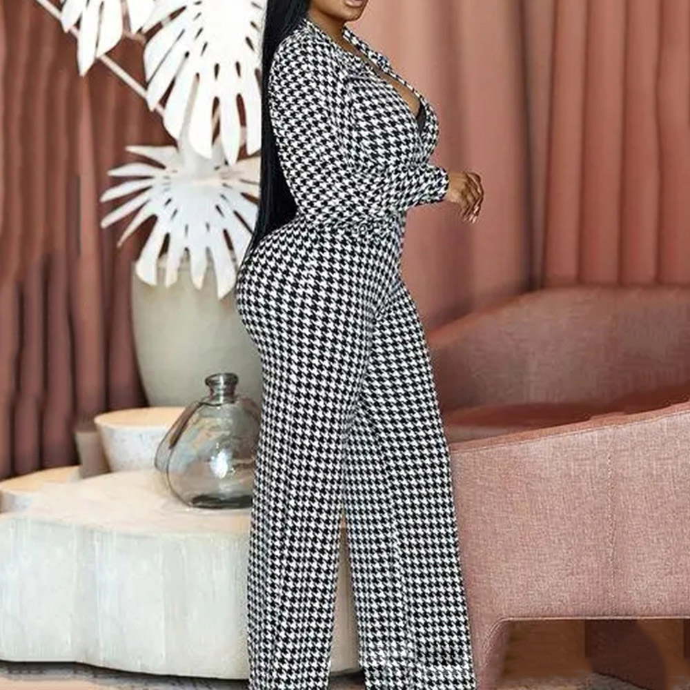 Office Lady Full Length Houndstooth Slim Women's Jumpsuit