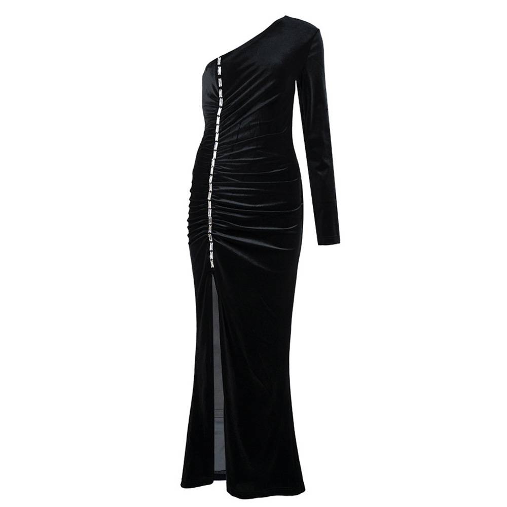 Long Sleeve Floor-Length Oblique Collar Split High Waist Women's Dress
