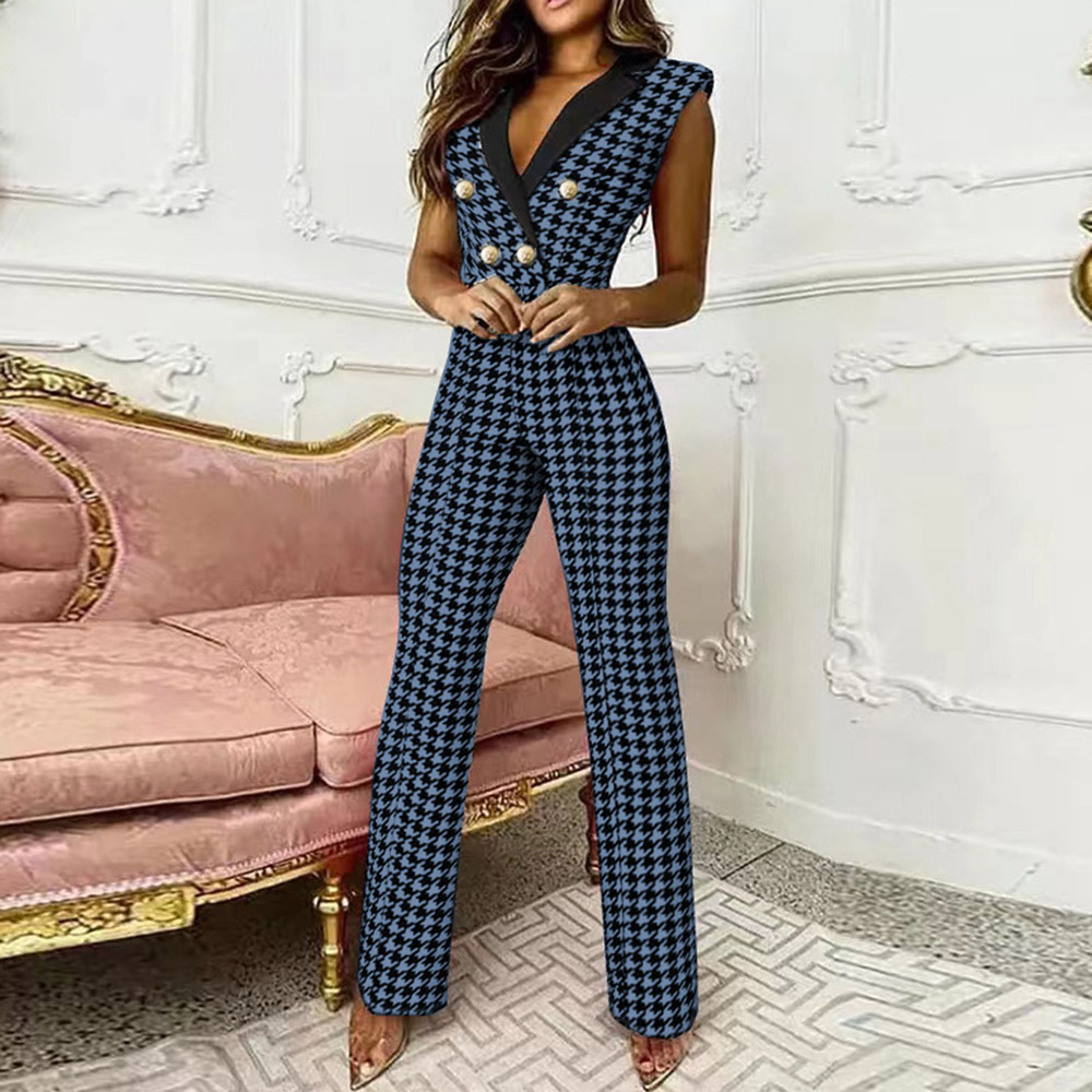 Full Length Office Lady Houndstooth Slim Women's Jumpsuit
