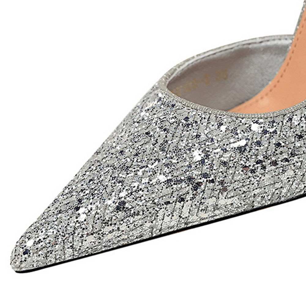 Sequin Pointed Toe Slip-On Stiletto Heel Banquet Thin Shoes