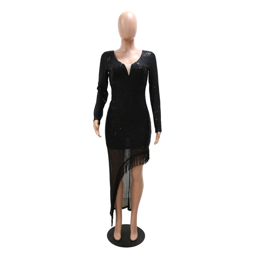 Asymmetric V-Neck Long Sleeve Ankle-Length Asymmetrical Women's Dress