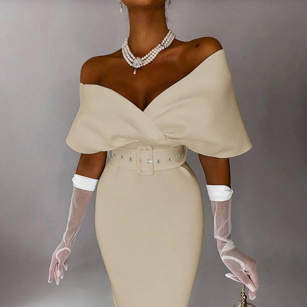 Off Shoulder Mid-Calf Half Sleeve Plain Women's Dress