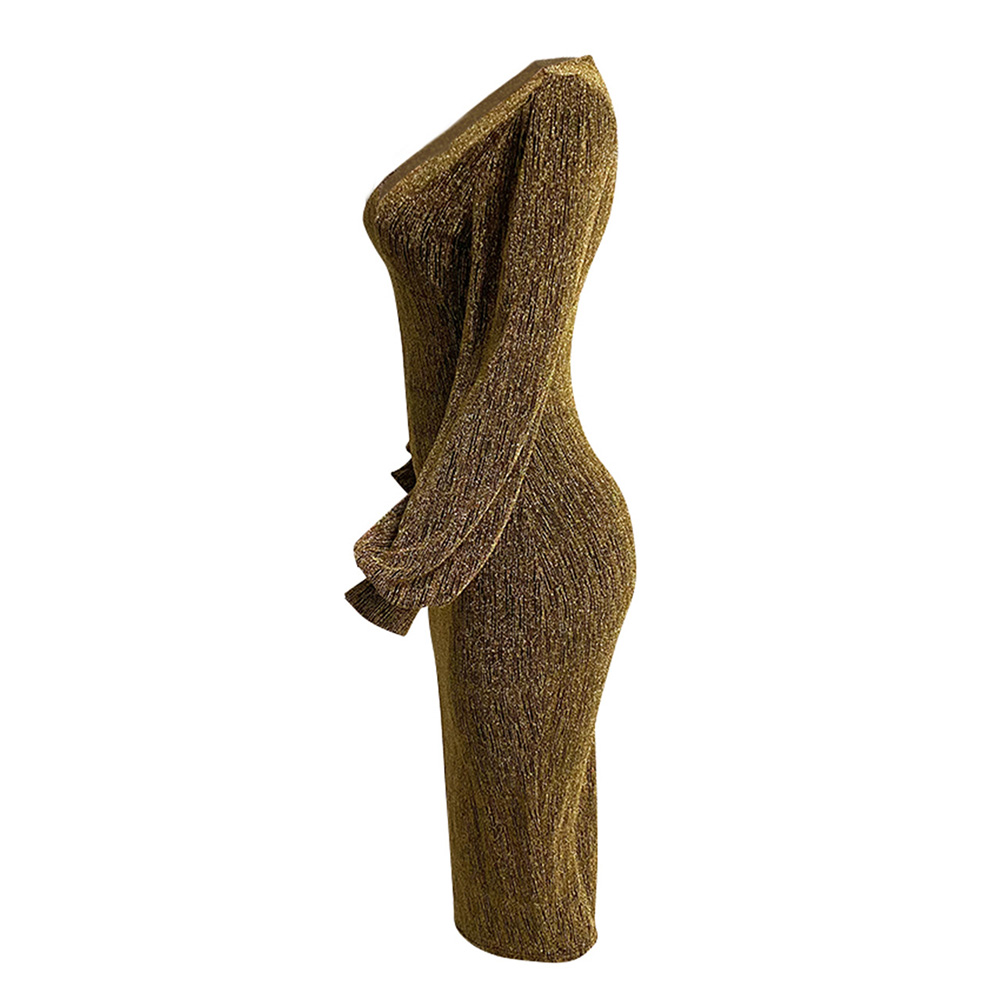 Long Sleeve V-Neck Mid-Calf Lurex Bodycon Women's Dress