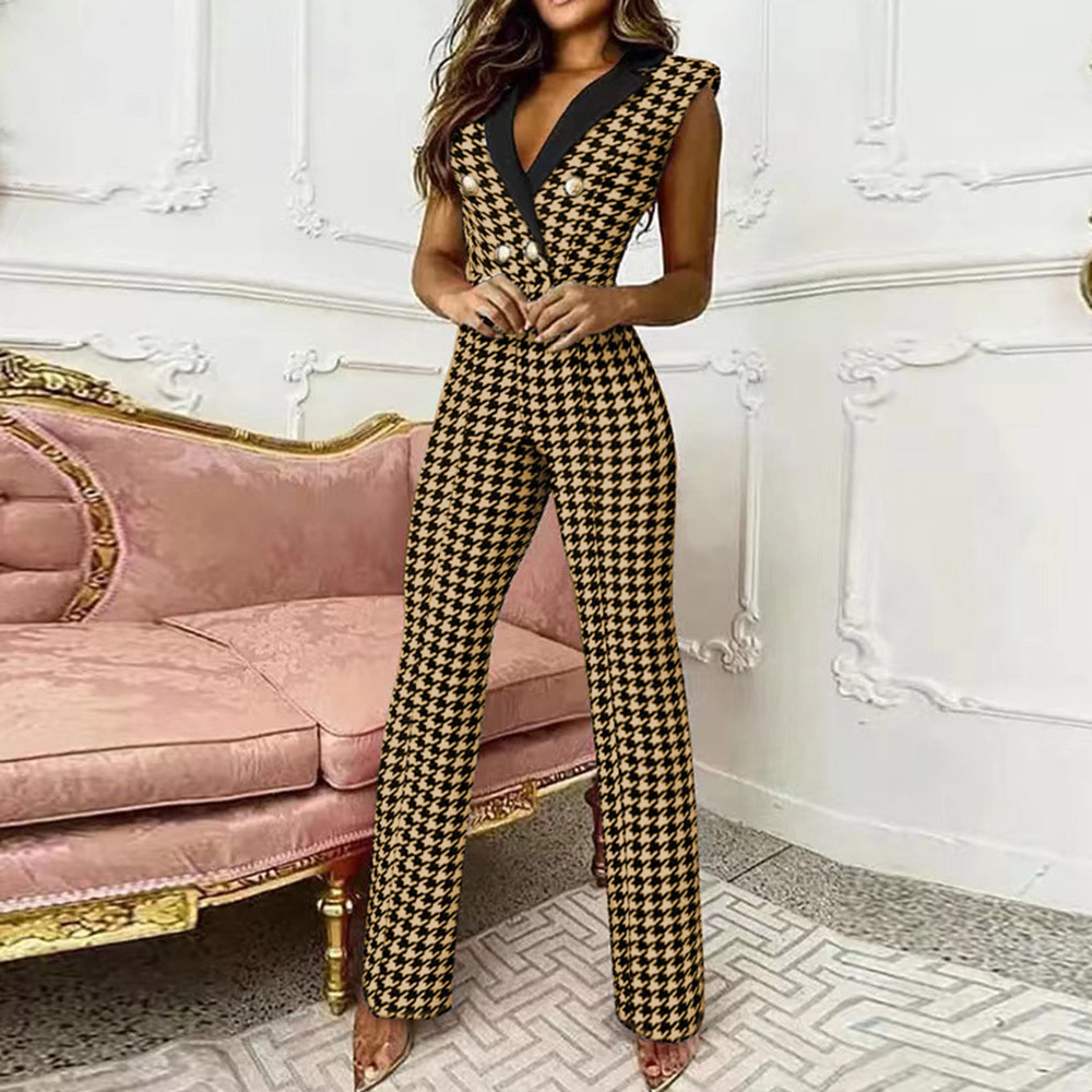 Full Length Office Lady Houndstooth Slim Women's Jumpsuit