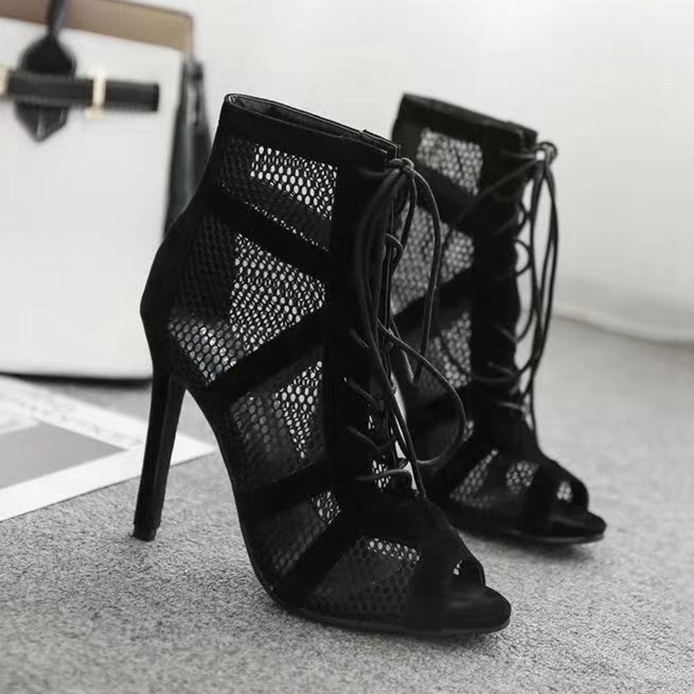 Peep Toe Stiletto Heel Lace-Up Front Plain Sexy Boots
