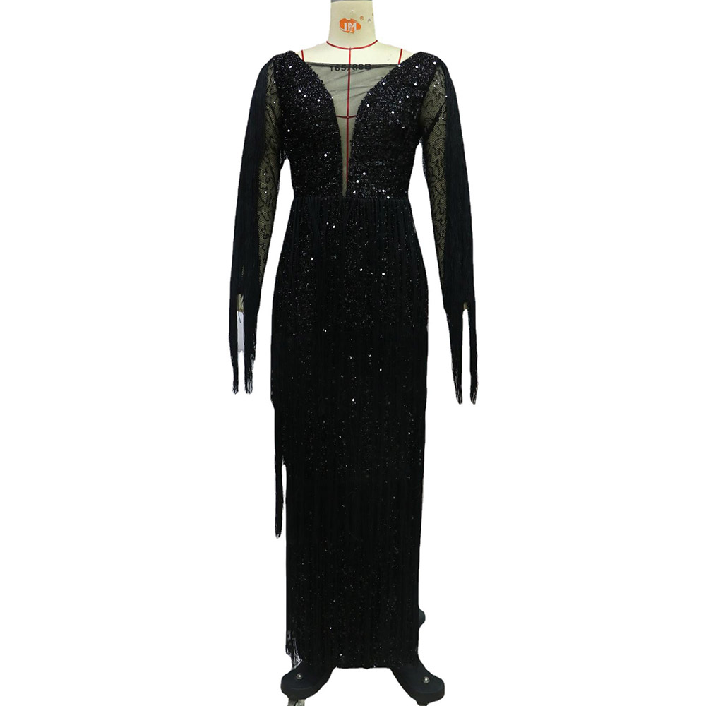 Long Sleeve Floor-Length Round Neck Tassel Plain Women's Dress