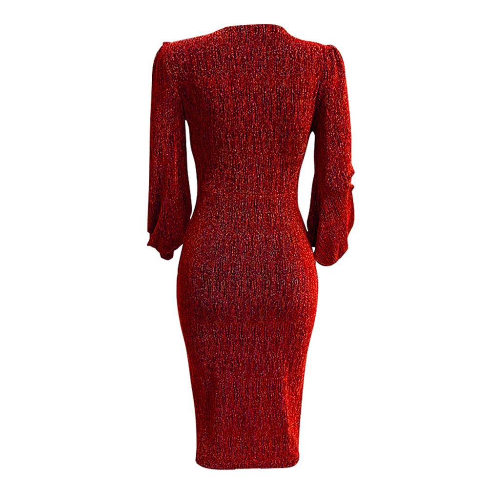 Long Sleeve V-Neck Mid-Calf Lurex Bodycon Women's Dress