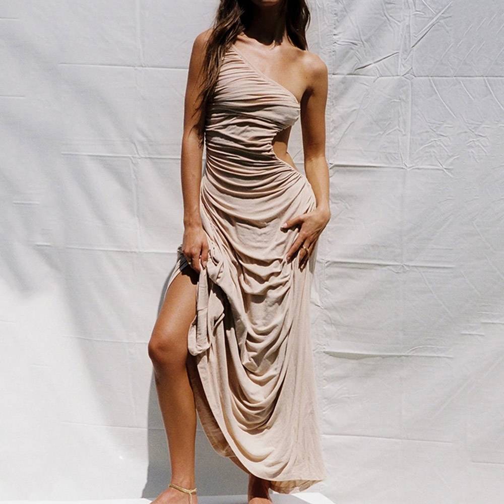 Oblique Collar Asymmetric Floor-Length Sleeveless Pullover Women's Dress