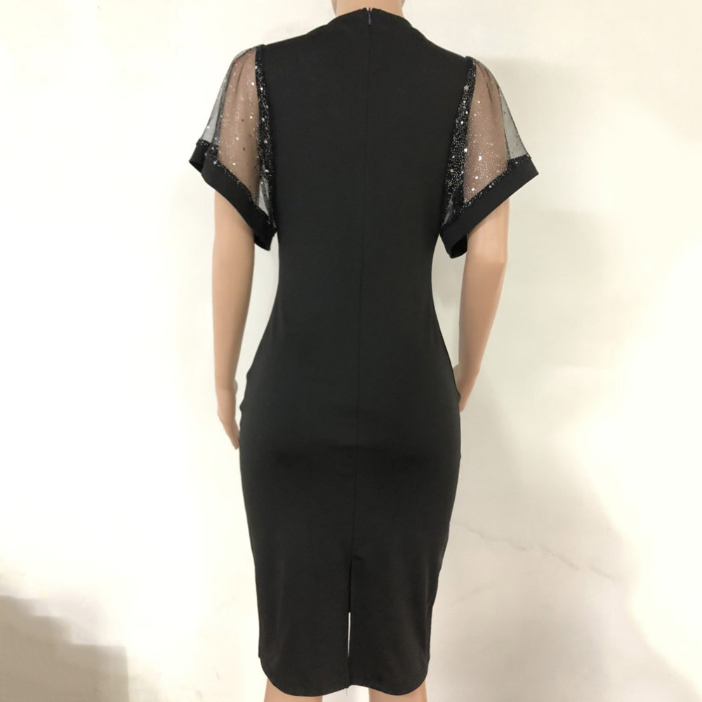 Patchwork Knee-Length V-Neck Short Sleeve Color Block Women's Dress