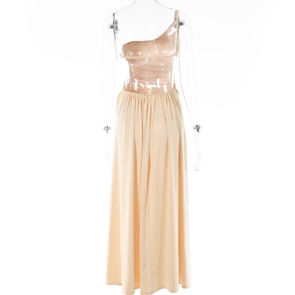 Oblique Collar Asymmetric Floor-Length Sleeveless Pullover Women's Dress