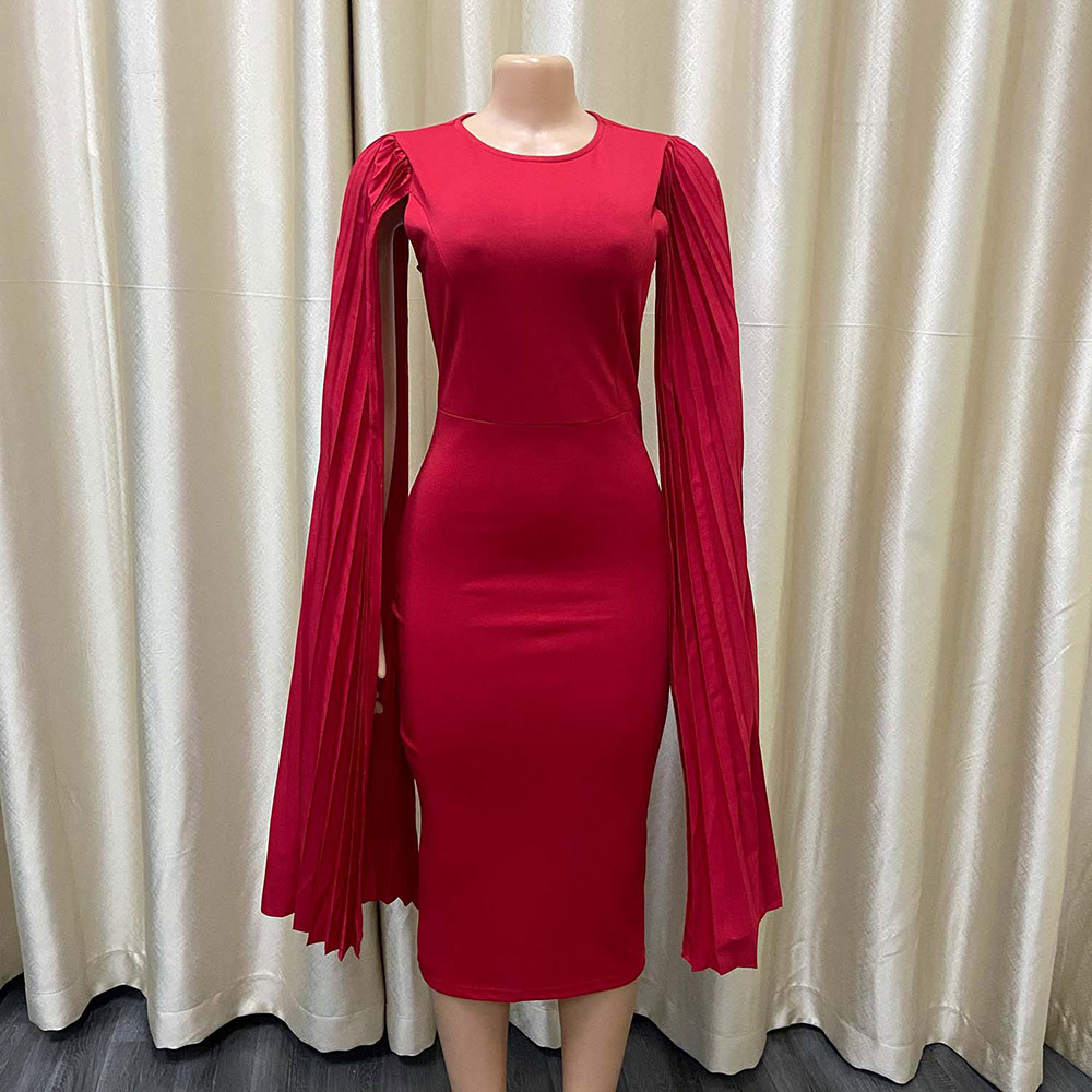 Round Neck Long Sleeve Pleated Mid-Calf Pullover Women's Dress