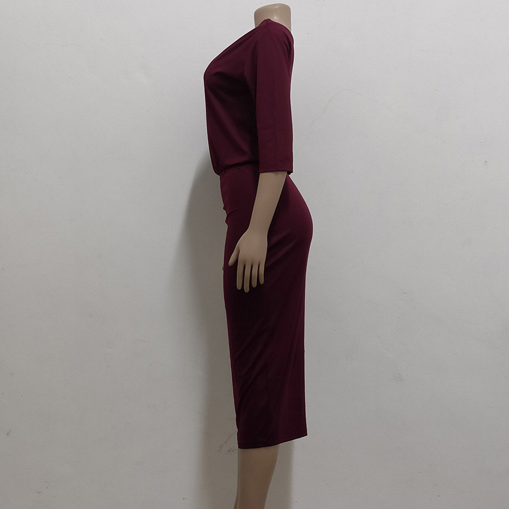 Oblique Collar Three-Quarter Sleeve Asymmetric Mid-Calf Office Lady Women's Dress