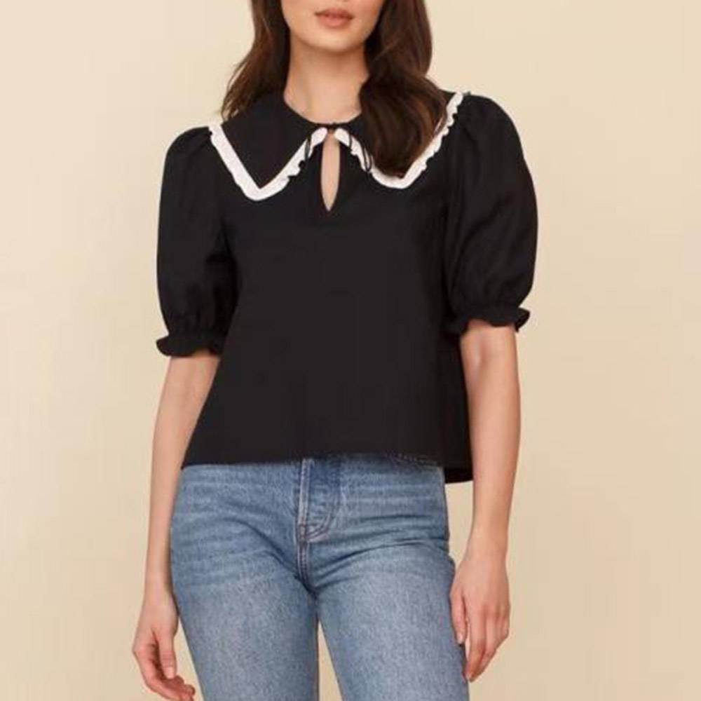 Color Block Patchwork Peter Pan Collar Short Sleeve Women's Blouse