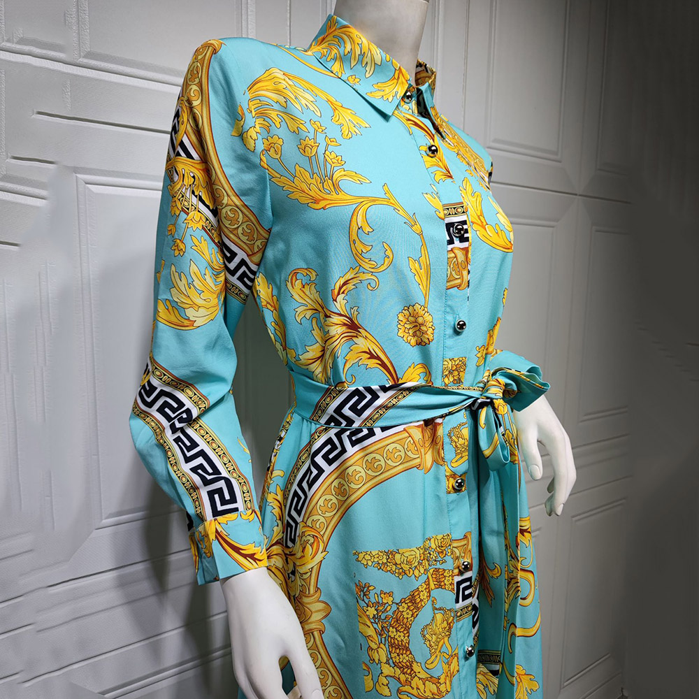 Long Sleeve Print Floor-Length Lapel High Waist Women's Dress