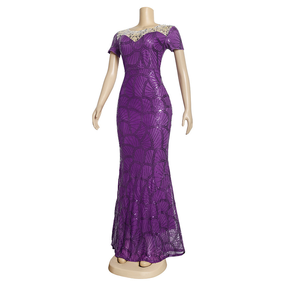 Floor-Length Sequins Round Neck Short Sleeve Regular Women's Dress