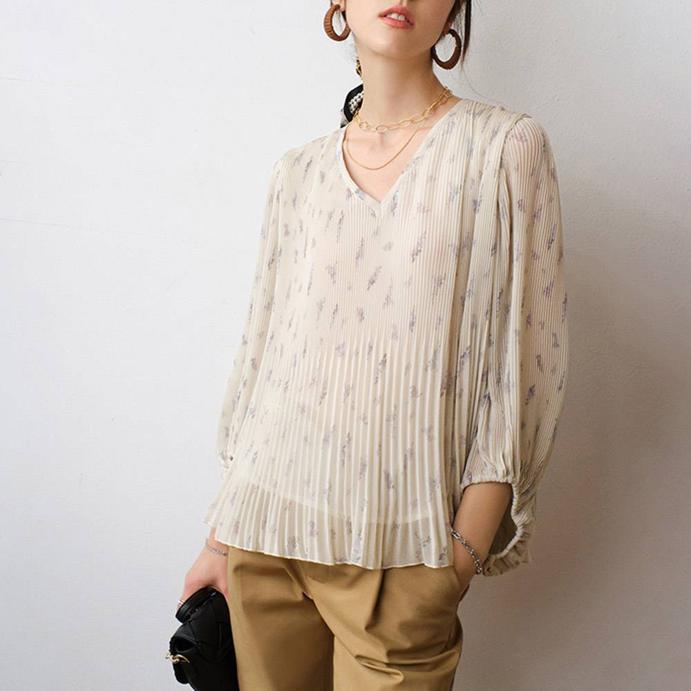 Print Lantern Sleeve V-Neck Color Block Standard Women's Blouse