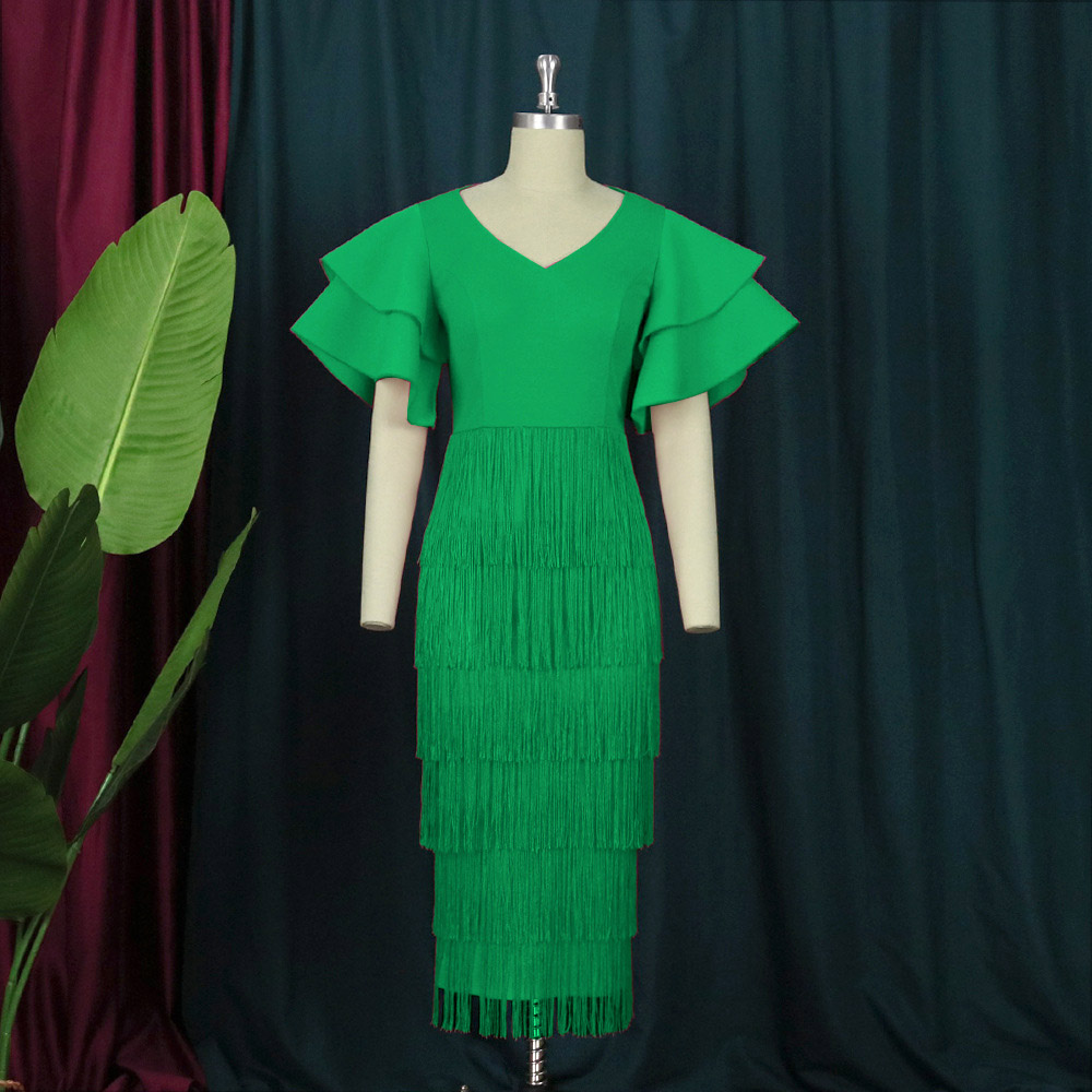 Mid-Calf V-Neck Half Sleeve Falbala Plain Women's Dress