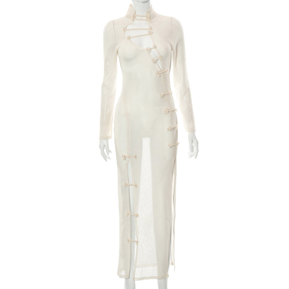 Turtleneck Floor-Length Long Sleeve See-Through High Waist Women's Dress