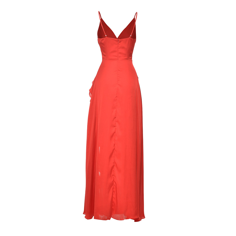 Falbala Sleeveless Floor-Length V-Neck Plain Women's Dress