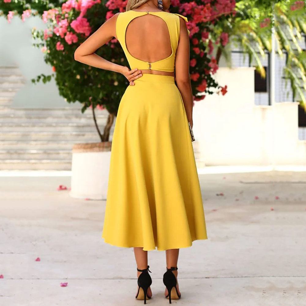 Plain Backless Fashion Skirt Round Neck Women's Two Piece Sets