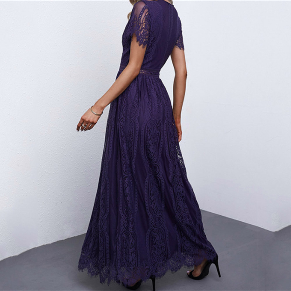 Lace Short Sleeve Floor-Length V-Neck Fashion Women's Dress