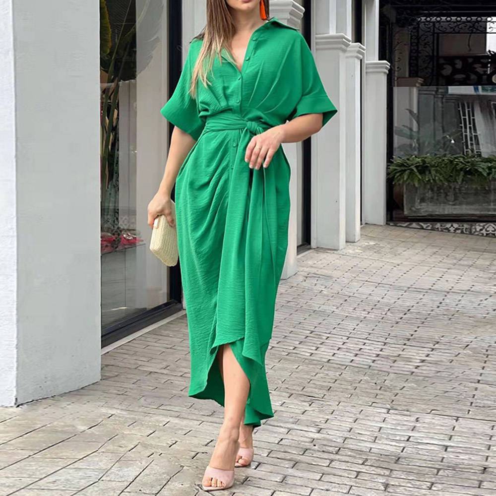 Asymmetric Half Sleeve Mid-Calf Lapel Asymmetrical Women's Dress