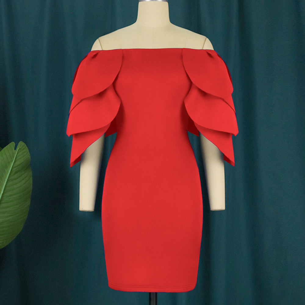 Falbala Three-Quarter Sleeve Mid-Calf Oblique Collar High Waist Women's Dress