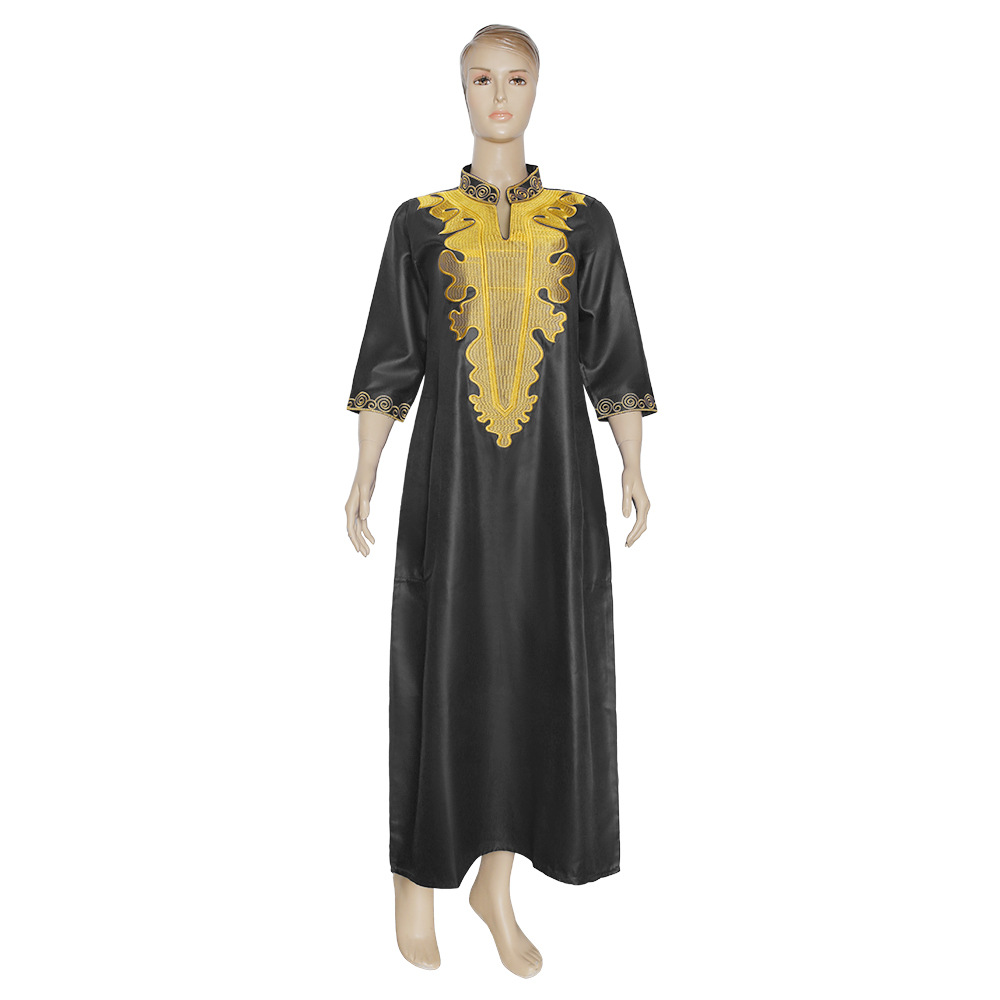 Three-Quarter Sleeve Embroidery Ankle-Length Stand Collar Pullover Women's Dress