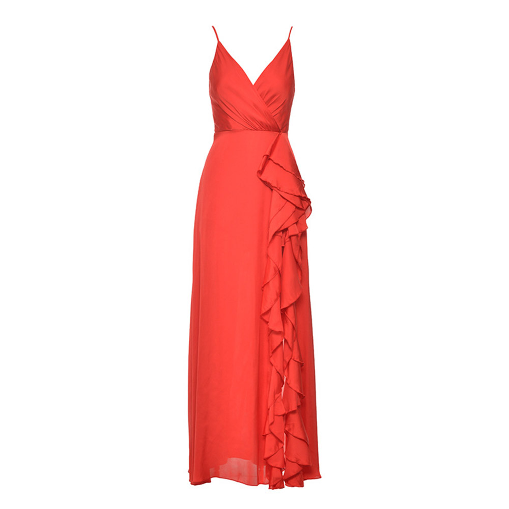 Falbala Sleeveless Floor-Length V-Neck Plain Women's Dress