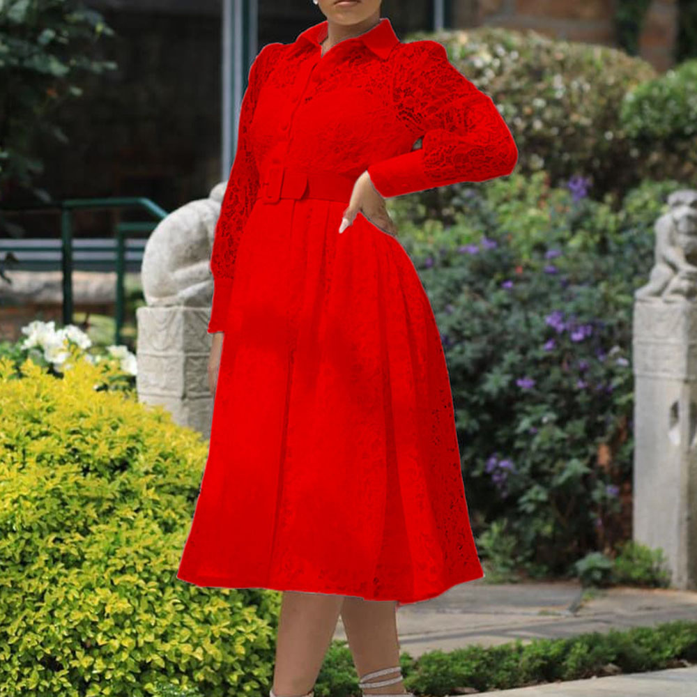 Lace Mid-Calf Long Sleeve Lapel A-Line Women's Dress