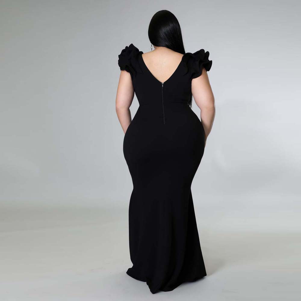 Pleated Short Sleeve V-Neck Floor-Length Plus Size Women's Dress
