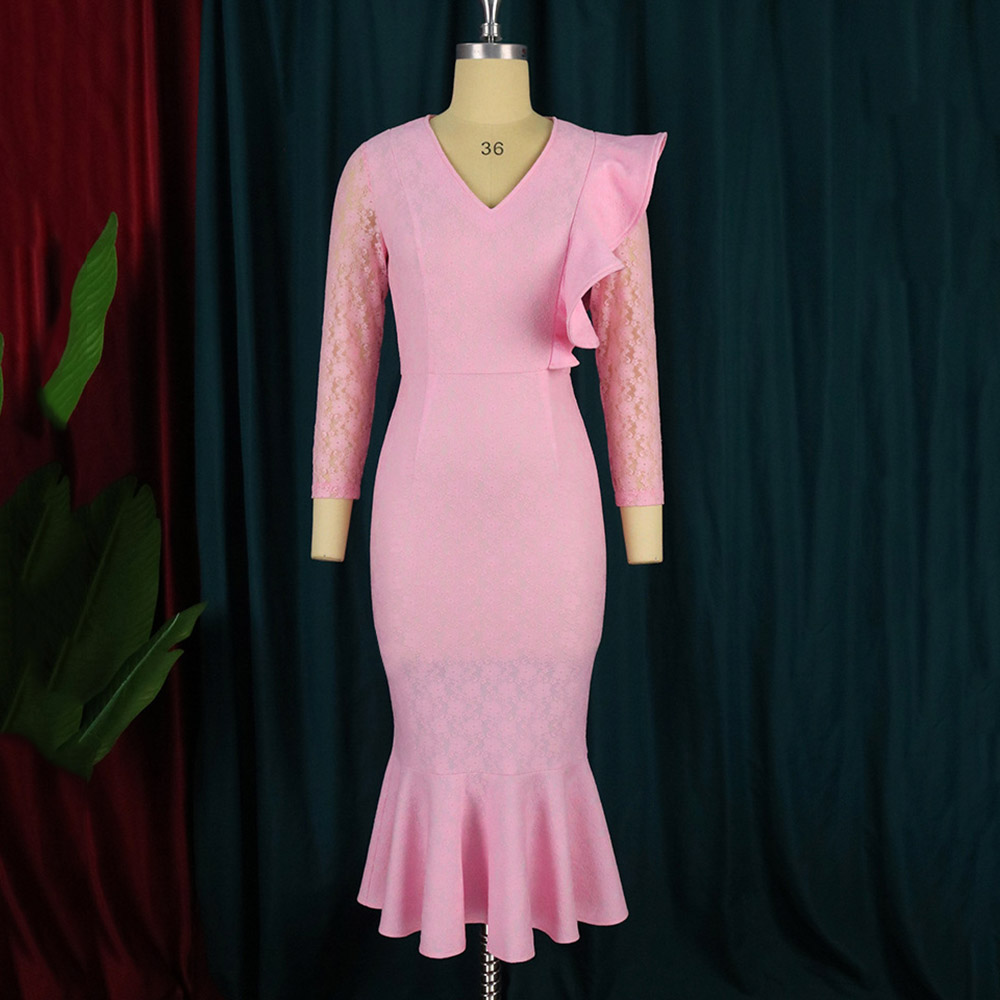 Three-Quarter Sleeve Lace Mid-Calf V-Neck Plain Women's Dress
