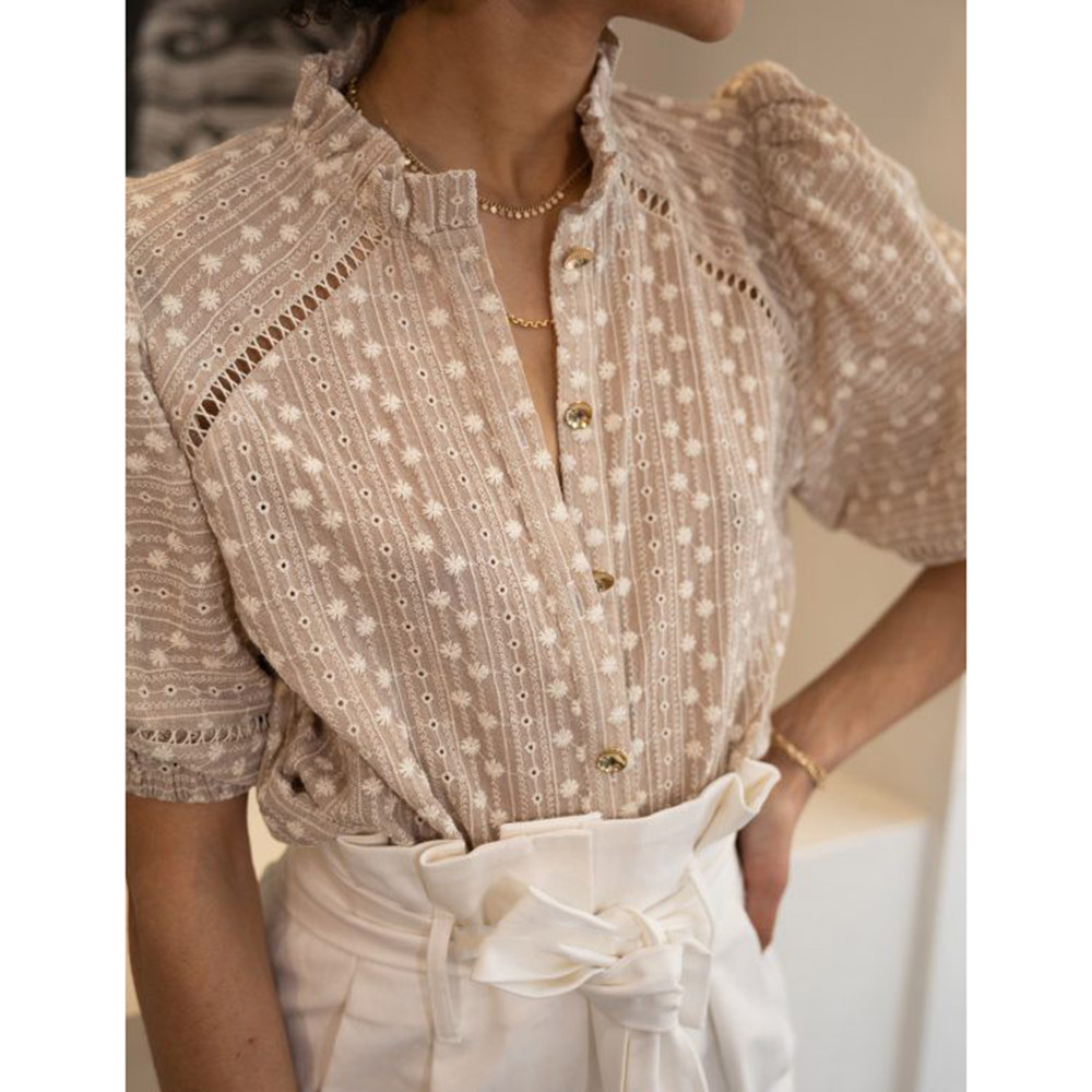 Floral Embroidery Stand Collar Short Sleeve Women's Blouse