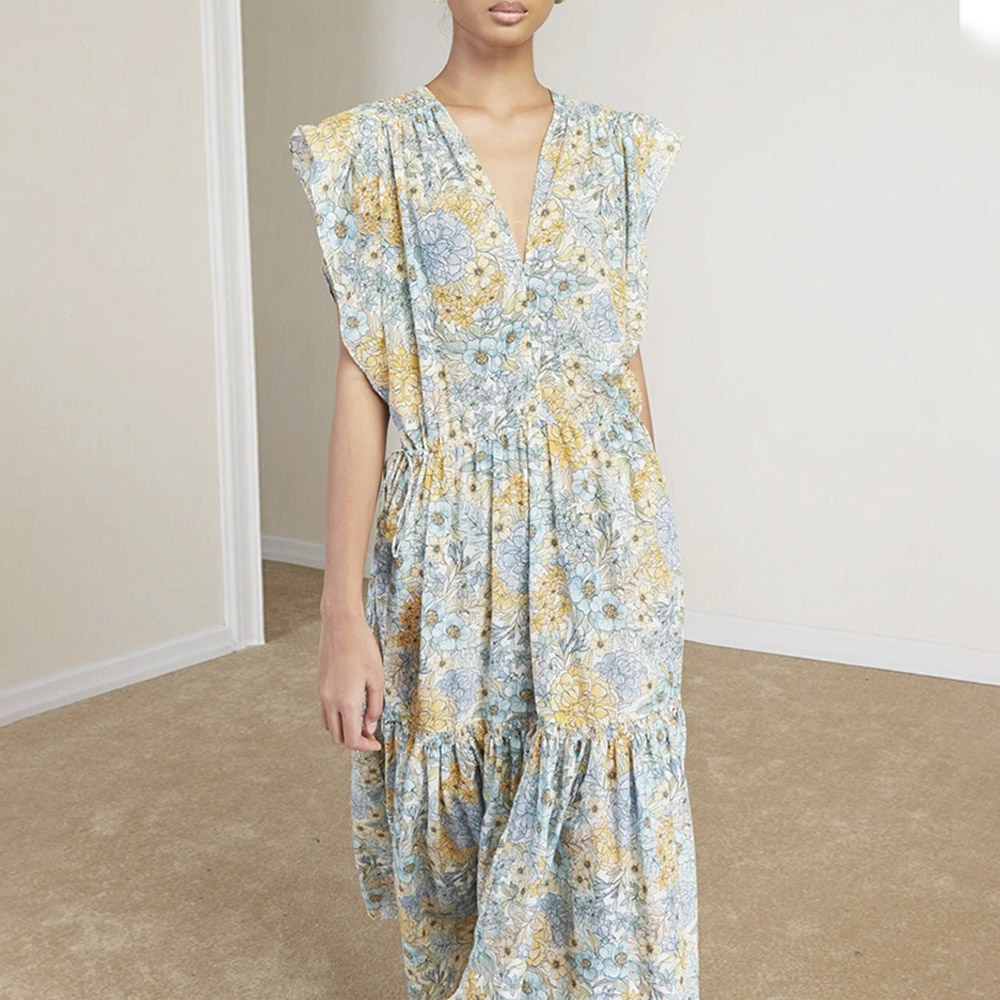 Cap Sleeve V-Neck Print Mid-Calf Summer Women's Dress