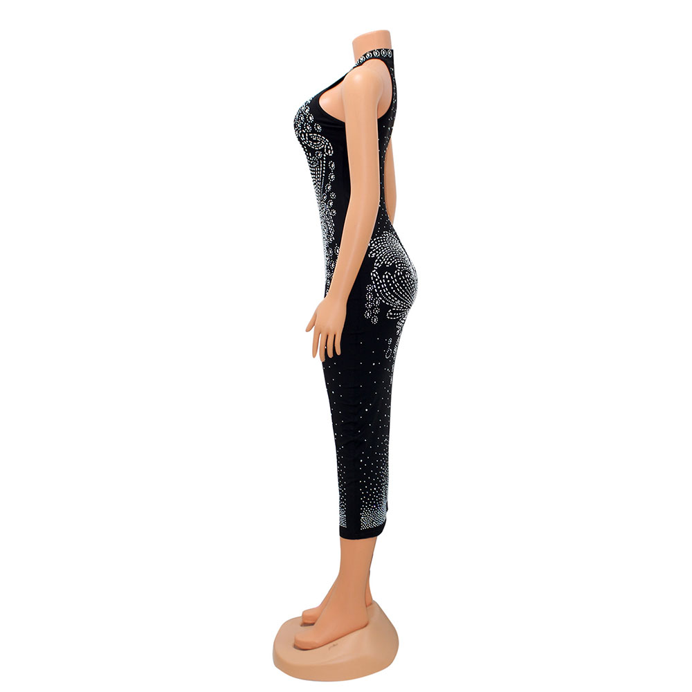 Sleeveless Rhinestone Knee-Length Stand Collar Bodycon Women's Dress