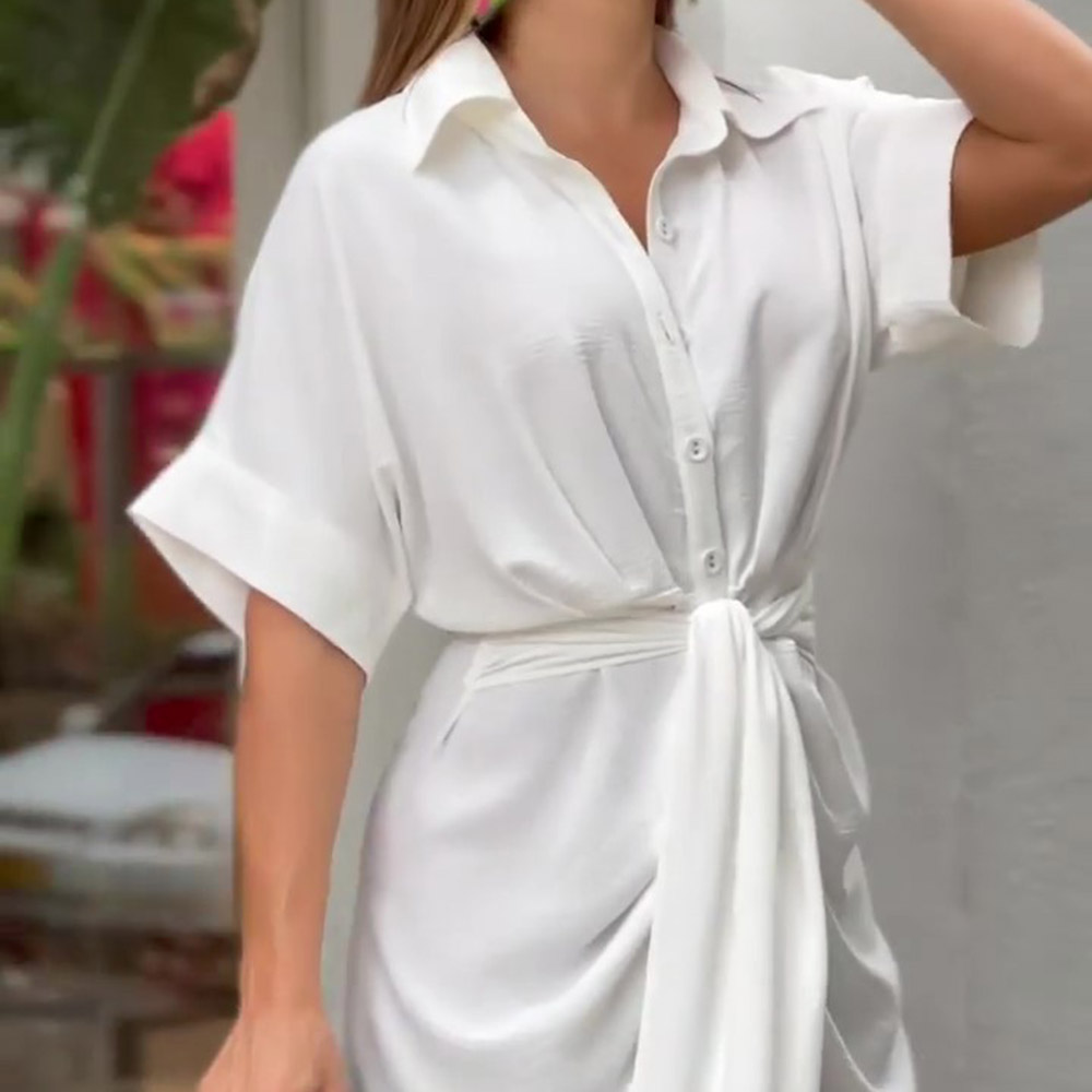 Asymmetric Half Sleeve Mid-Calf Lapel Asymmetrical Women's Dress