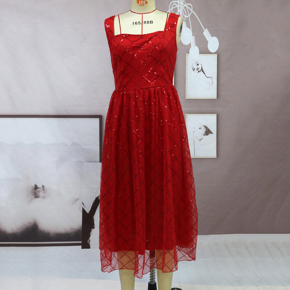 Sleeveless Square Neck Mid-Calf Sequins High Waist Women's Dress