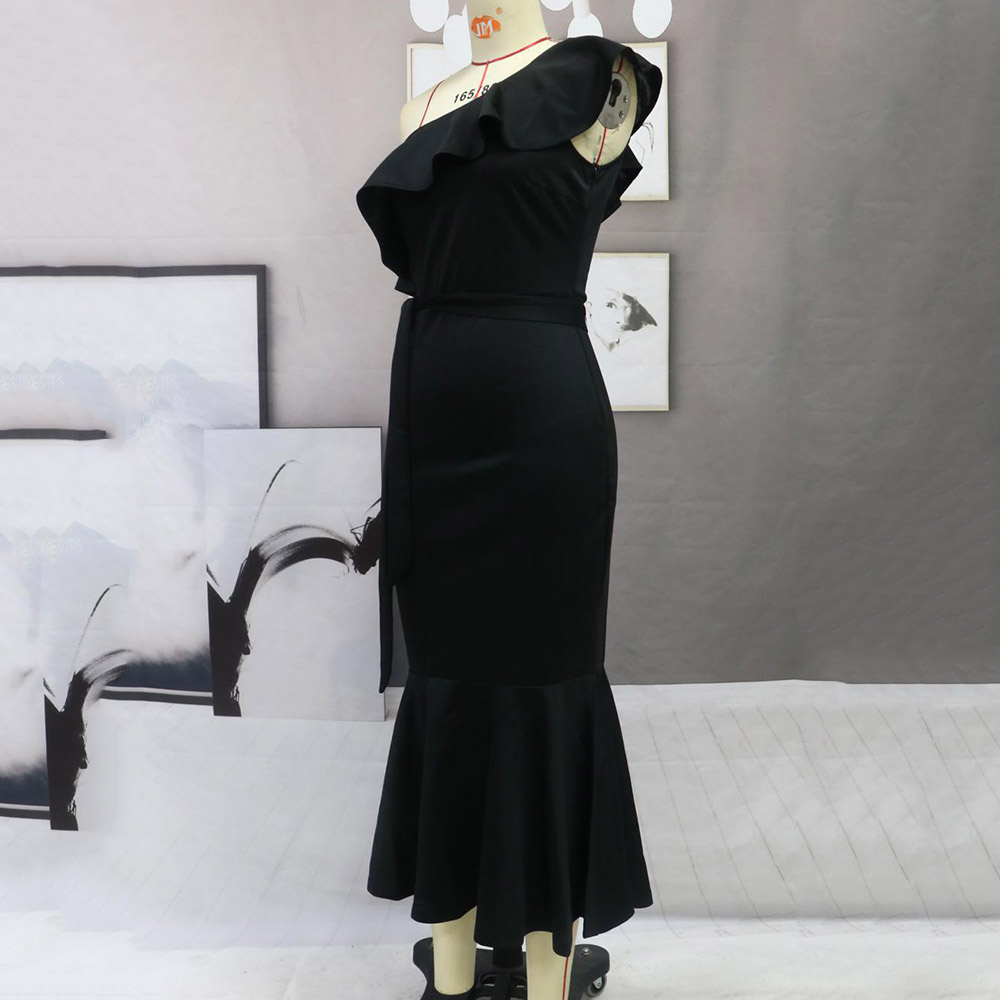 Mid-Calf Oblique Collar Falbala Cap Sleeve Mid Waist Women's Dress