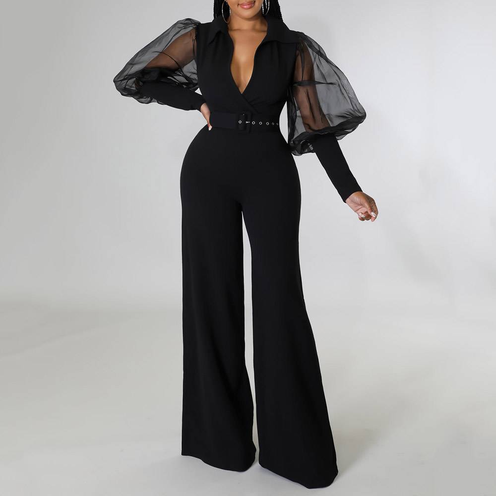 Plain Office Lady Full Length Belt Slim Women's Jumpsuit